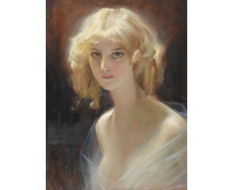 Tadeusz Styka (1889-1954) Polish   Portrait of a haunting beauty  Signed and indistinctly inscribed, oil on paper laid to pan