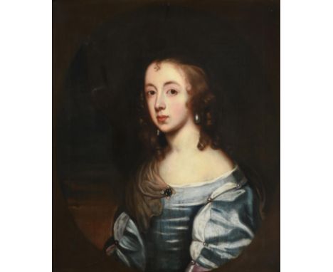 Follower of Sir Anthony Van Dyck (1599-1641) Portrait of a young lady, head and shoulders, wearing a blue satin dress embelli