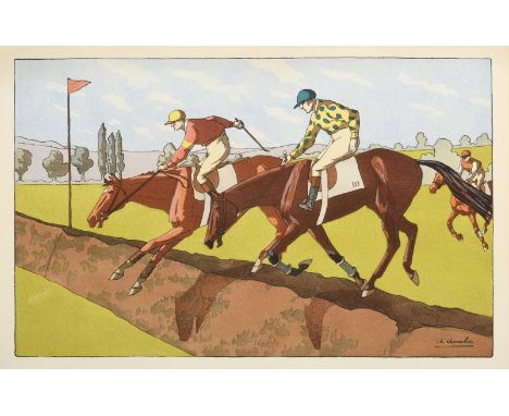 Charles Ancelin (1863 - 1940) FrenchUnder starter's orders Lithograph, together with three further lithographs of horseracing