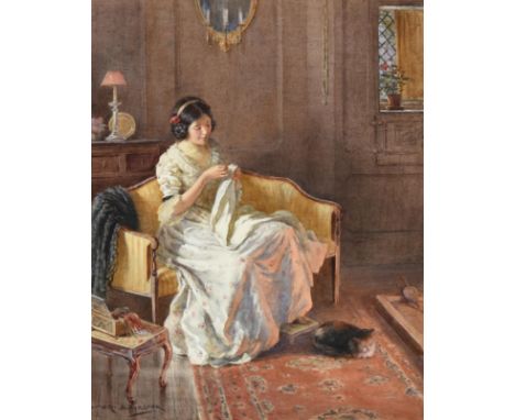 William Kay Blacklock (1872-1924) A quiet moment - a lady undertaking needlework by the fireside Signed, watercolour, 37cm by