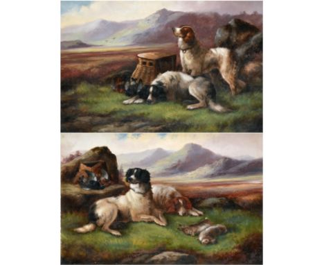 Robert Cleminson (fl.1864-1903) Spaniels with the day's bag  Signed, oil on canvas, together with a companion, 39.5cm by 60cm