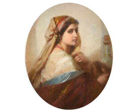 Circle of Carl Haag (1820-1915) German  Portrait of an Orientalist beauty, head and shoulders, wearing a headdress decorated 