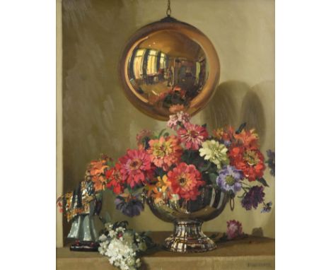 Herbert Davis Richter RI, RSW, ROI (1874-1955) ''Zinneas'' - Still life of flowers in a silver vase with mirror showing the a