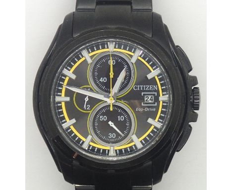 Citizen rare Eco Drive gents chronograph wristwatch with black dial and black metallic Strap. Yellow and white dial markings.