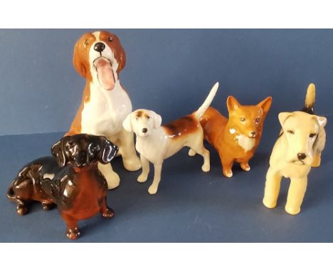 Five Beswick Dogs to include:Foxhound 2nd Version - No. 2263 in gloss - 3"Naptime - No. 2950 in gloss - 4.5"Daschund Seated -