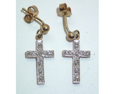 Pair of 9ct gold diamond set cross earrings 2.1g H: 16 mm. P&amp;P group 1 (£16 for the first item and £1.50 for subsequent i