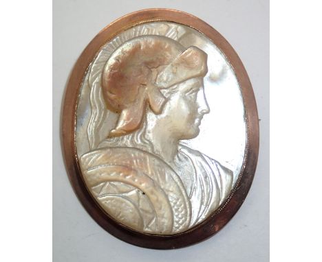 Carved mother of pearl centurion on a 9ct rose gold mount 48 x 42 mm 17.7g. P&amp;P group 1 (£16 for the first item and £1.50