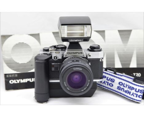 Olympus OM10 with Winder II, with Olympus Zuiko MC Auto-S f1.8 50mm lens, Olympus T20 flash &amp; a manual. P&amp;P group 2 (