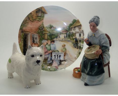 Beswick Highland Terrier and a Royal Doulton figurine Embroidering HN 2855, with matching cabinet plate. P&P group 2 (£20 for