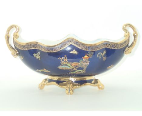 Carlton Ware early Bleu Royale enamelled and gilt open twin handled bowl with Chinoiserie decoration, L: 34 cm. P&P group 2 (