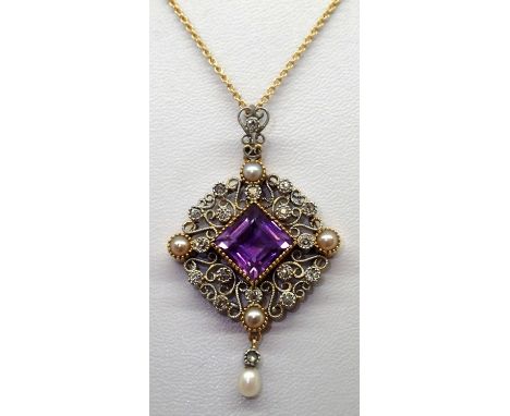 High carat gold and platinum (tested) amethyst, pearl and diamond pendant on a 18ct gold chain 12.5g. P&amp;P group 1 (£16 fo