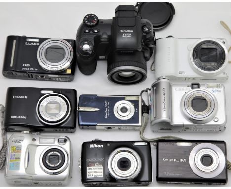 Mixed lot of 10 digital cameras including Fujifilm S5500 Bridge; Nikon Coolpix L23; Samsung WB200F; Panasonic Lumix DMC-TZ10,