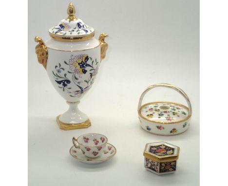 Royal Crown Derby miniature cup and saucer, lidded pot and a Royal Mintons pomander with cover, and a Coalport Pageant covere