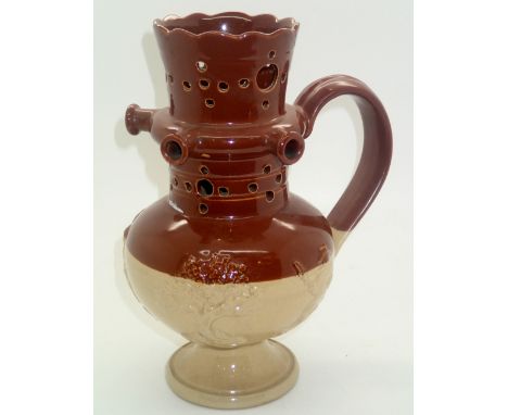 Victorian stoneware relief moulded glazed puzzle jug, H: 20 cm. P&P group 1 (£16 for the first item and £1.50 for subsequent 