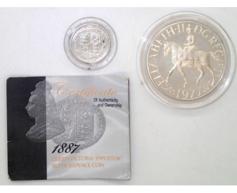 1977 proof silver crown and a boxed 1887 shilling. P&amp;P group 1 (£16 for the first item and £1.50 for subsequent items) 
