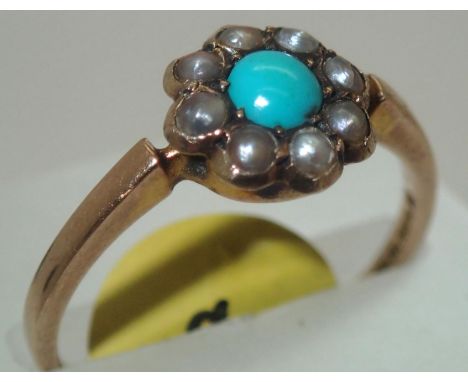 Fancy antique turquoise and seed pearl ring size O 1.7g. P&amp;P group 1 (£16 for the first item and £1.50 for subsequent ite
