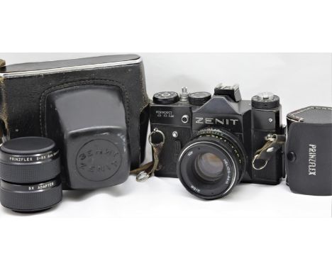Zenit TTL camera body with Helios 44M 58mm f2 in ER leather case; cased Prinzflex 2+3x teleconverter. P&amp;P group 2 (£20 fo