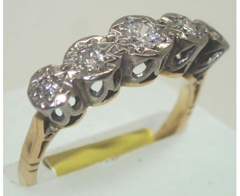 Vintage 18ct gold and platinum five stone diamond ring size O 3.2g. P&amp;P group 1 (£16 for the first item and £1.50 for sub