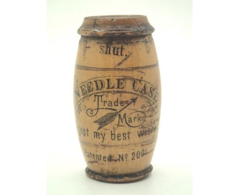 Antique made in Germany treen needle case H: 55 mm. Condition Report: 2 mm of wear to the top, some wear marks but generally 