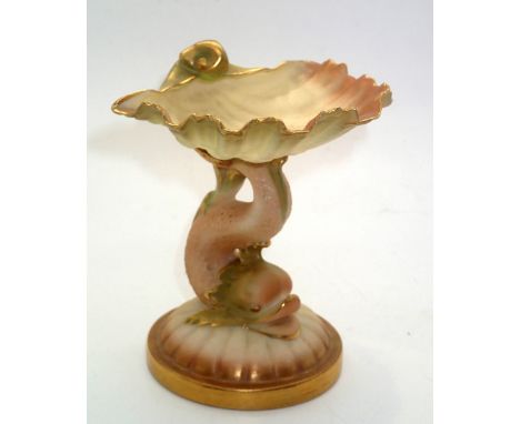 Royal Worcester dolphin and shell form table salt, model number G49 c1910, H: 11 cm. P&P group 1 (£16 for the first item and 