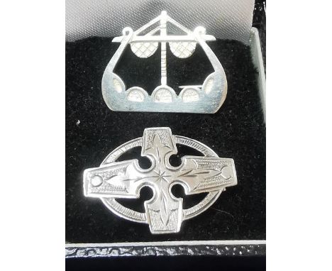 Two silver brooches, one Ola Gorie Viking ship &amp; other Celtic design. P&amp;P group 1 (£16 for the first item and £1.50 f