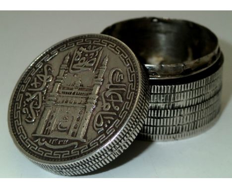Screw top silver box made from ten silver arabic coins 41g.  P&amp;P group 1 (£16 for the first item and £1.50 for subsequent