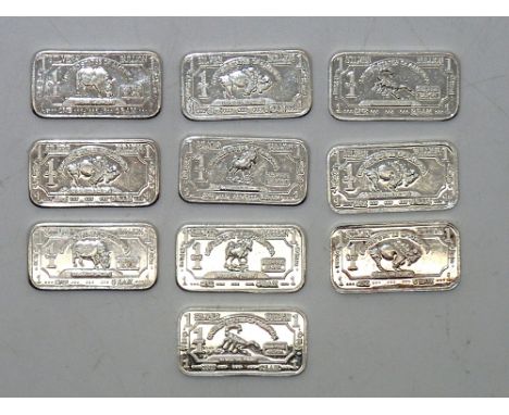 Ten 1g fine silver bars with dollar bill design. P&amp;P group 1 (£16 for the first item and £1.50 for subsequent items) 