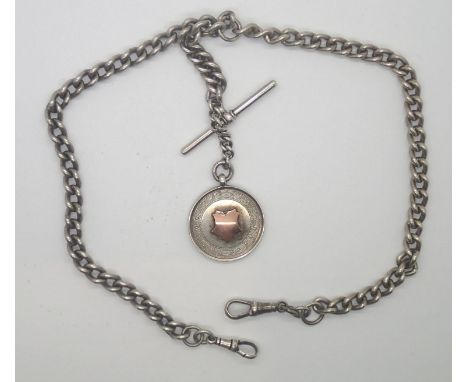 Hallmarked silver watch chain with T bar two crocodile clips and gold washed fob 73g. P&amp;P group 1 (£16 for the first item