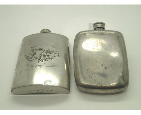 Silver plated hip flask and a Falklands Islands pewter flask. P&amp;P group 1 (£16 for the first item and £1.50 for subsequen