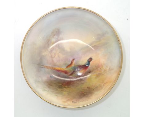 Royal Worcester no. 2769, small painted pheasant bowl signed Jas Stinton D: 10.5 cm.P&P group 1 (£16 for the first item and £