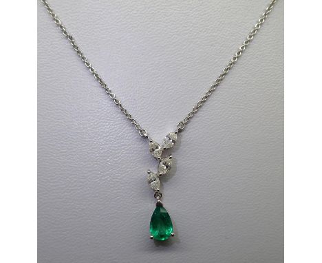 18ct gold emerald and diamond pendant necklace on a 40 cm white 18ct gold chain 3.4g, the diamonds totalling approximately 0.