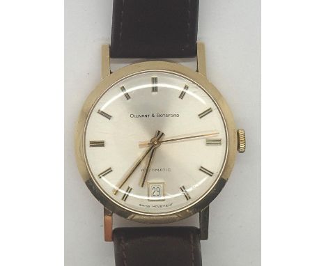 Vintage 9ct gold gents Ollivant &amp; Botsford automatic wristwatch on leather strap with inscription verso. P&amp;P group 1 