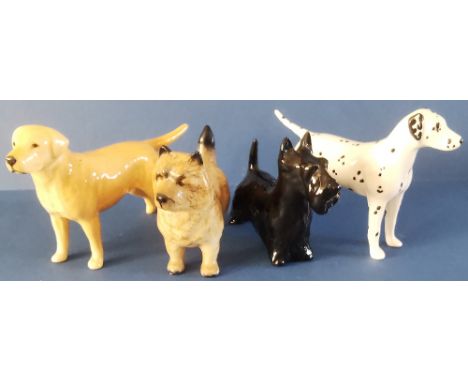 Four Beswick Dogs to include:Scottish Terrier - Black - No. 3382 in gloss - 3". Labrador (small) - No. 1956 in gloss 3.25"Cai