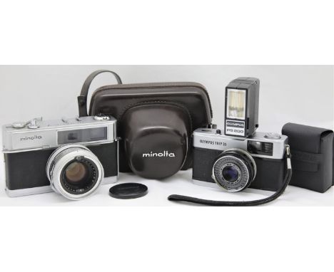 Minolta Hi-Matic 7 Rangefinder camera in leather ER case; Olympus Trip 35 camera; and Olympus PS200 flashgun with case. P&amp
