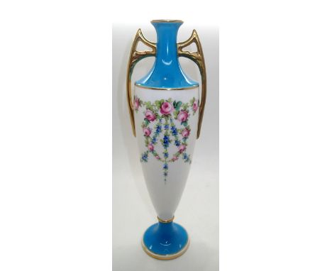Mintons tall slim twin handled vase with floral and gilt decoration H: 26 cm. P&P group 2 (£20 for the first item and £2.50 f