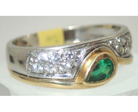 18ct gold, pear shaped emerald and diamond ring size R 5.7g. P&amp;P group 1 (£16 for the first item and £1.50 for subsequent