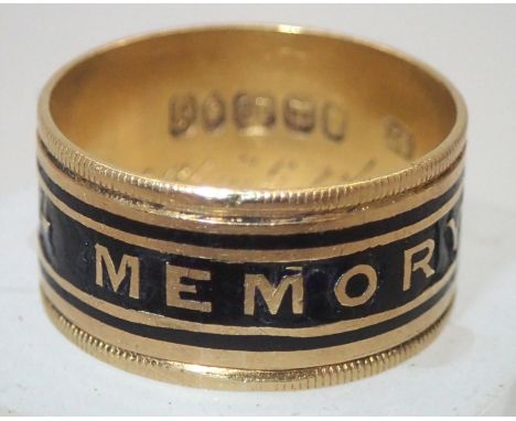 18ct gold memorial ring size M with internal inscription J Brown Obit September 5th 1877 Some damage to enamel 3.9g. Please s