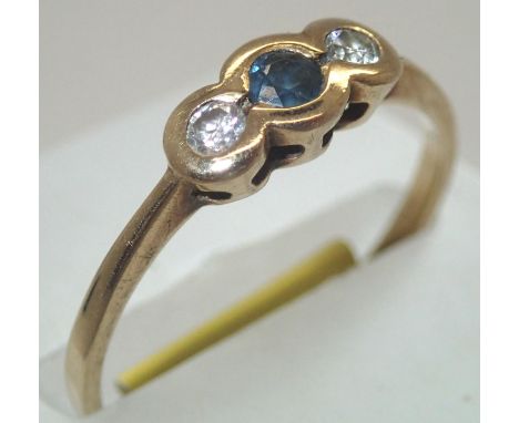 Vintage 9ct gold, sapphire and diamond rubover set ring size O/P 1.5g. P&amp;P group 1 (£16 for the first item and £1.50 for 