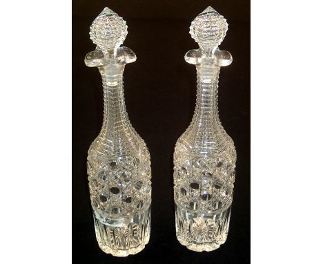 Victorian hobnail cut pair of glass decanters with star cut bases, H: 37 cm. P&P group 3 (£27 for the first item and £4.00 fo