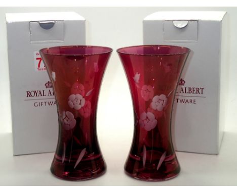 Royal Albert pair of boxed hand etched cranberry glass vases, H: 18 cm. P&P group 2 (£20 for the first item and £2.50 for sub