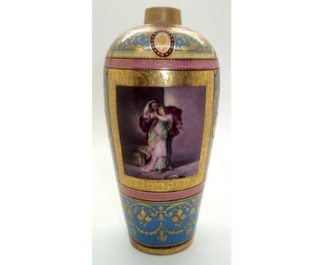 Royal Vienna bottle vase with hand painted panel of two lovers and fine gilt over decoration against a pink and blue ground, 