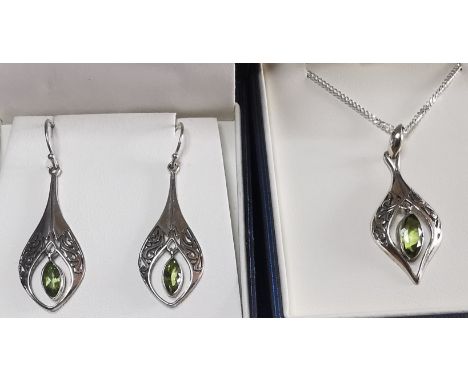 Matching sterling silver pendant earrings &amp; pendant on chain, each with marquise cut peridots. P&amp;P group 1 (£16 for t