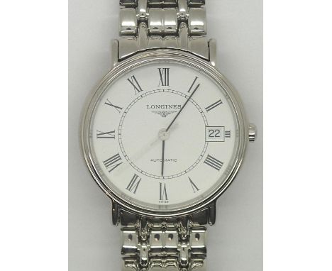 Longines Presence automatic gents stainless steel automatic wristwatch. White dial. As new complete with inner and outer box 
