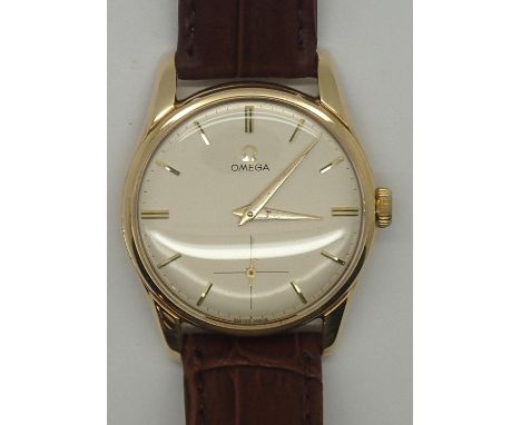 Omega 9ct gold gents vintage dress wristwatch c1961 Serial No. 18433687, brown leather strap. Recently serviced, in Omega car