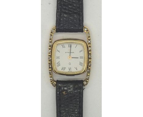 Eterna 18 ct gold ladies wristwatch on a leather strap, Working at lotting up but we cannot adjust the time. P&amp;P group 1 