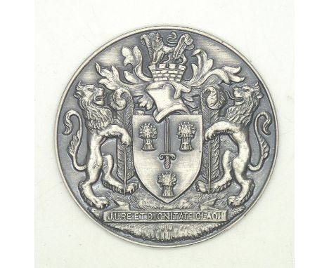 White metal presumed silver Cheshire county plaque "By The Right And Dignity Of The Sword" D: 52 mm.  P&amp;P group 1 (£16 fo