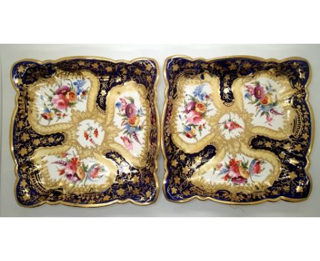 Presumed Rockingham pair of square painted and gilt cabinet plates bearing floral designs, W: 21 cm x 21 cm. P&P group 2 (£20