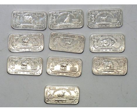 Ten 1g fine silver bars with dollar bill design. P&amp;P group 1 (£16 for the first item and £1.50 for subsequent items) 