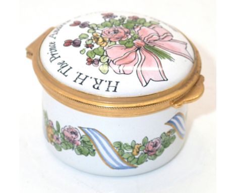 Staffordshire Enamels limited edition lidded pot commemorating the marriage of Prince Andrew, D: 4 cm. P&P group 1 (£16 for t