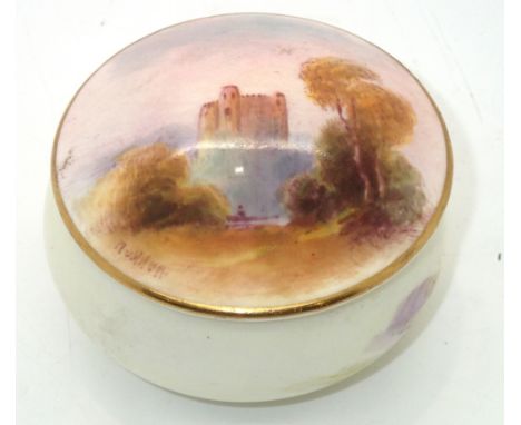 Royal Worcester small lidded pot, the cover painted with castle scene signed Rushton D: 7.5 cm. P&P group 1 (£16 for the firs